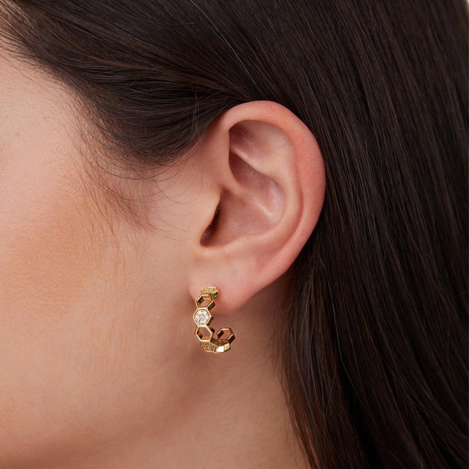 Gold & Crystal Honeycomb Hoop Earrings - Image 2