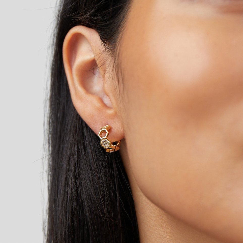 Gold & Crystal Honeycomb Hoop Earrings - Image 8