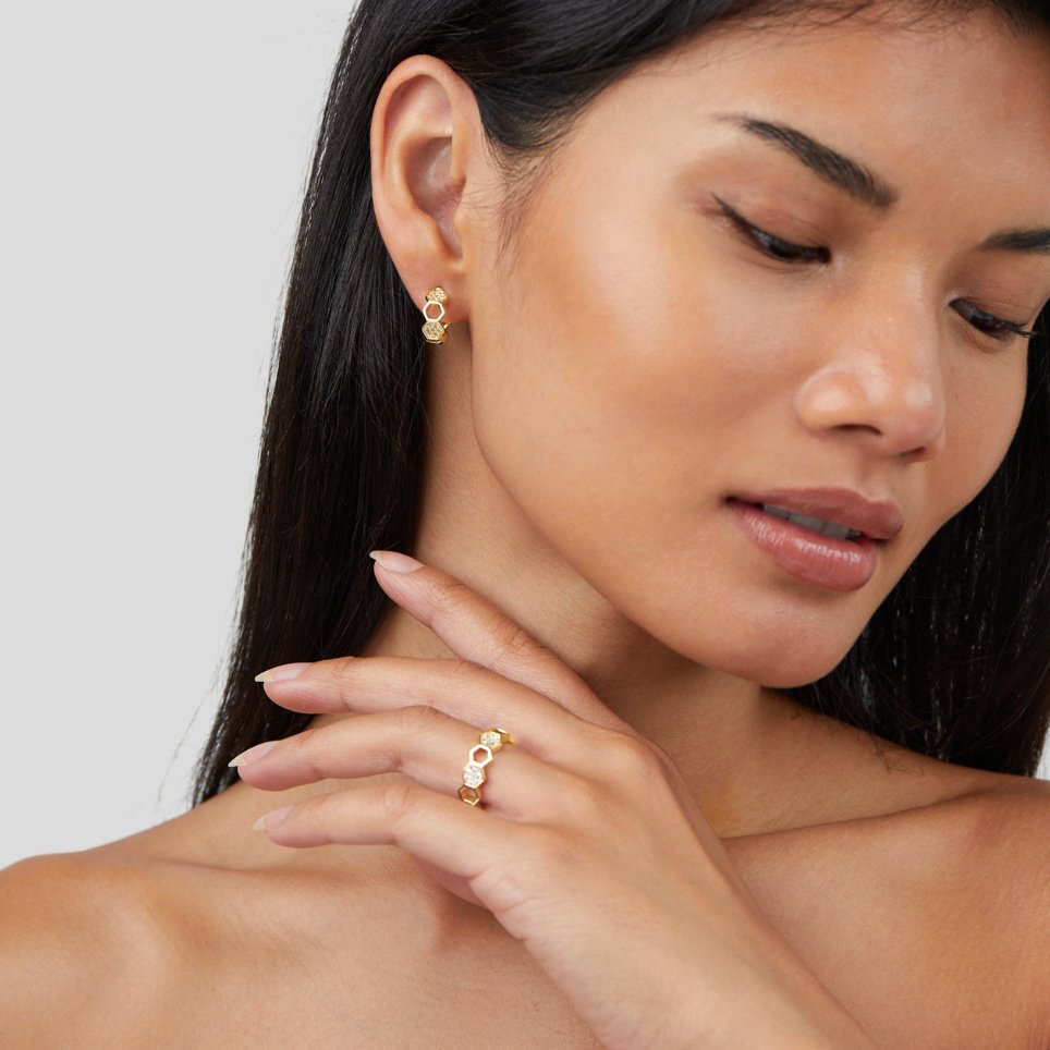 Gold & Crystal Honeycomb Hoop Earrings - Image 11