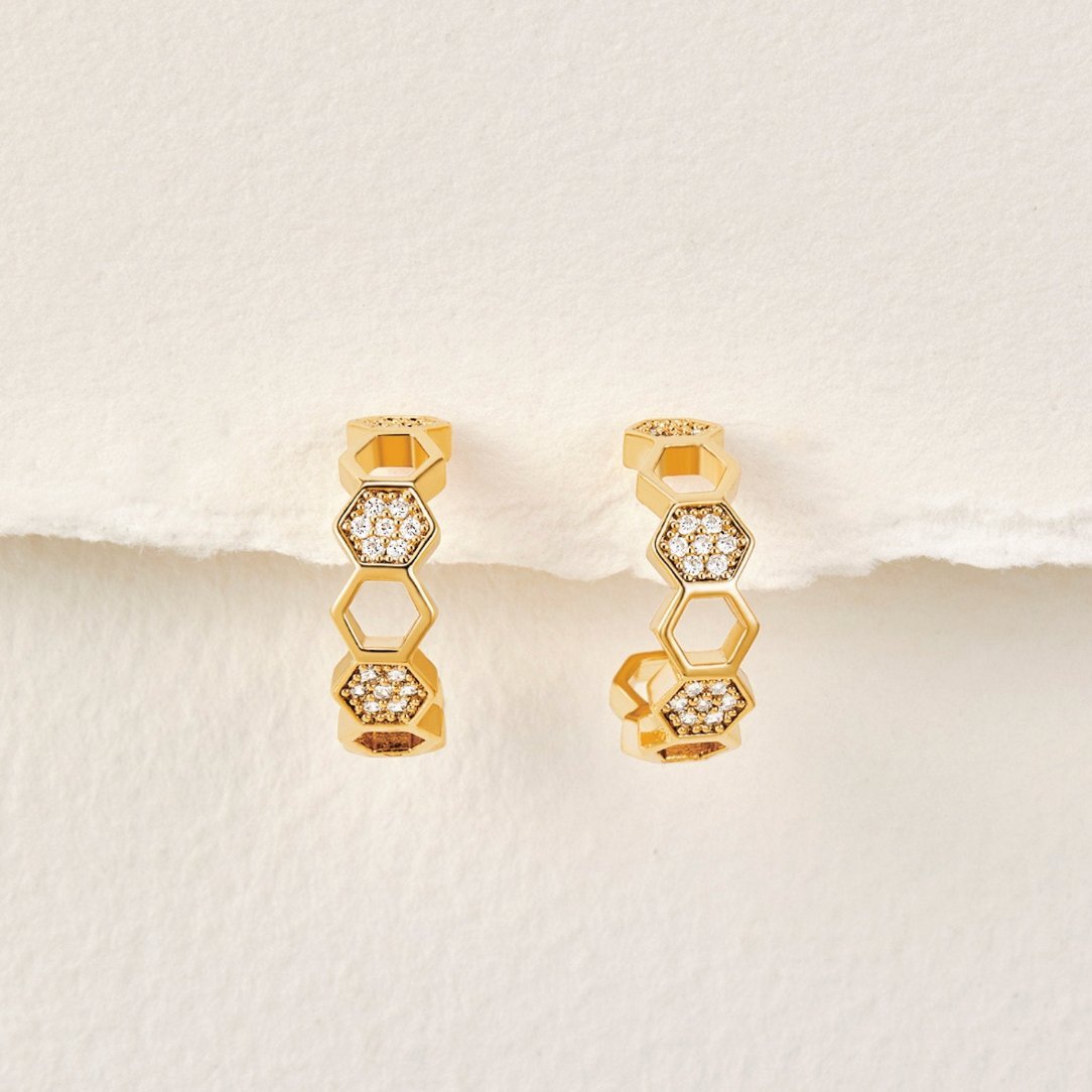Gold & Crystal Honeycomb Hoop Earrings - Image 13