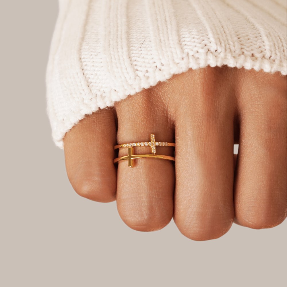 Layered Crystal & Gold Cross Ring - Image 2
